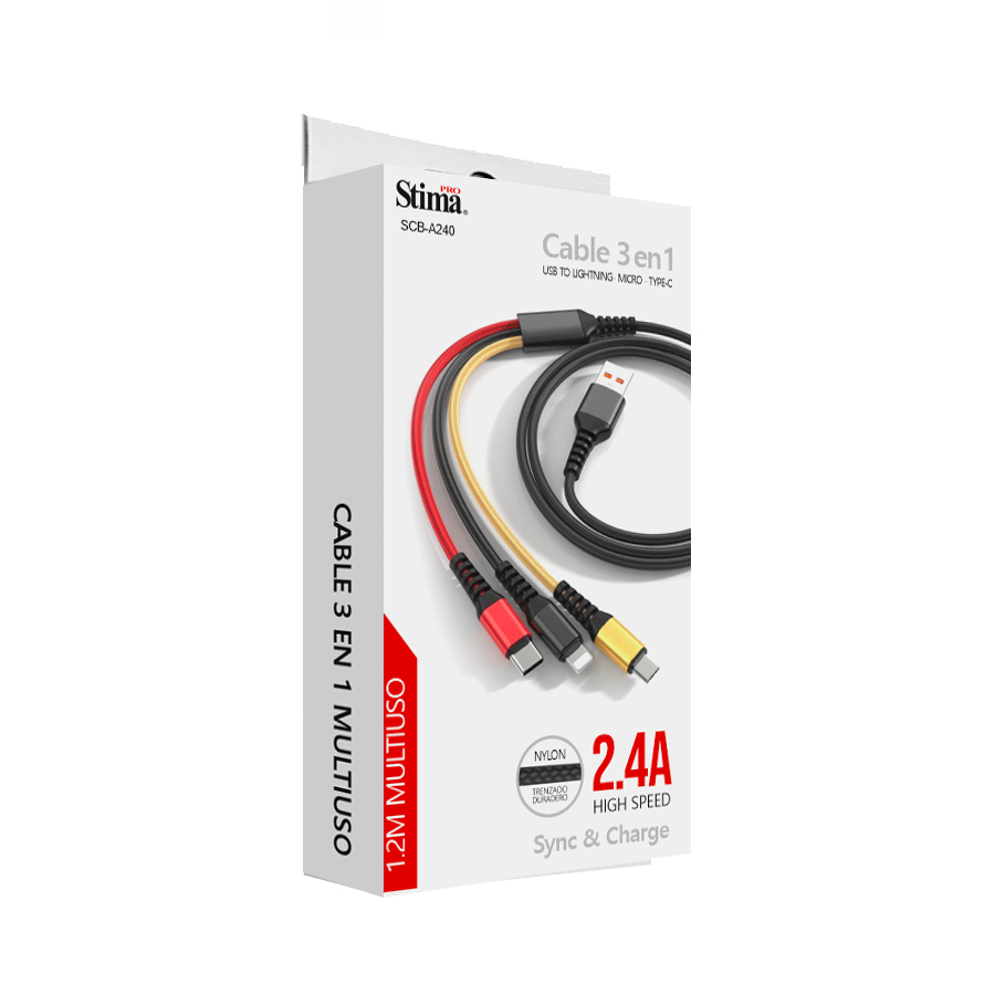 Cable 3 en 1 USB a Tipo-C Lightning MicroUSB 2.4A