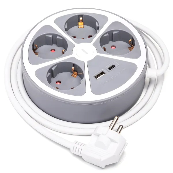 Regleta de 4 Vias Alemana Redonda con Interruptor y USB-C Blanca 1,5m Aigostar