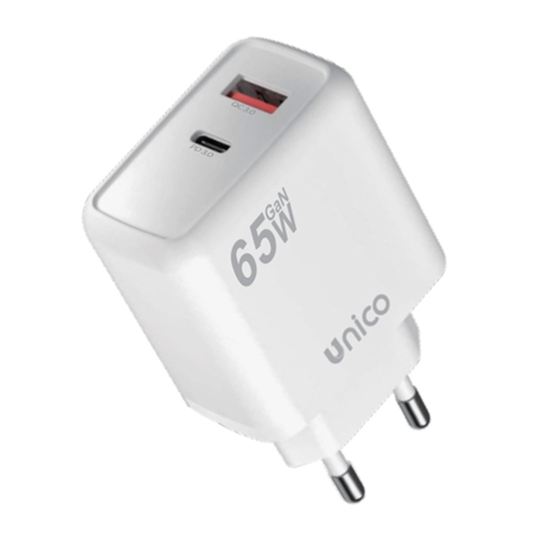 Cargador Dual USB a USB-C PD65W GAN GS TUV Carga Rapida HC6033 Unico Blanco