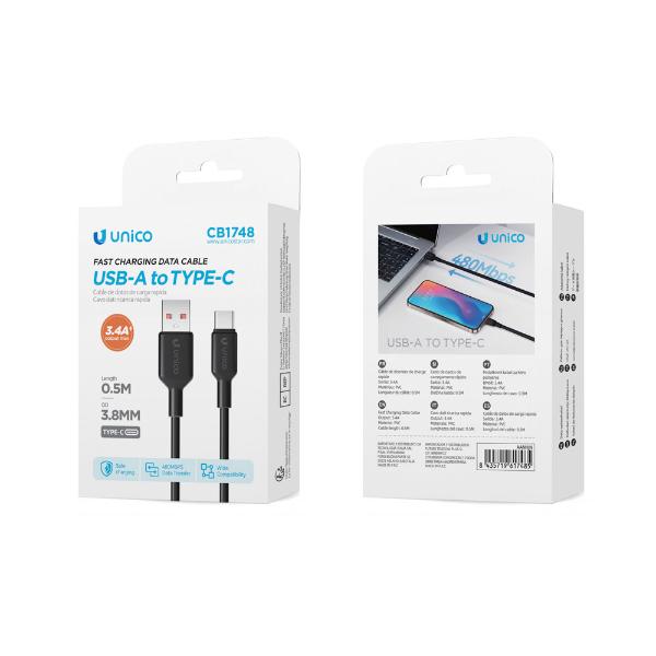 Cable USB a USB-C 3.4A 0.5m Carga Rapida CB1748 Negro Unico