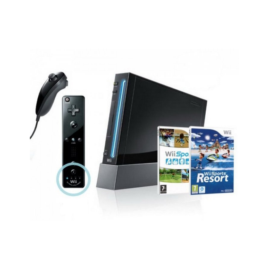 Pack: Wii Negra + Remote + Nunchuk + Wii Sports Resort + Wii Sports